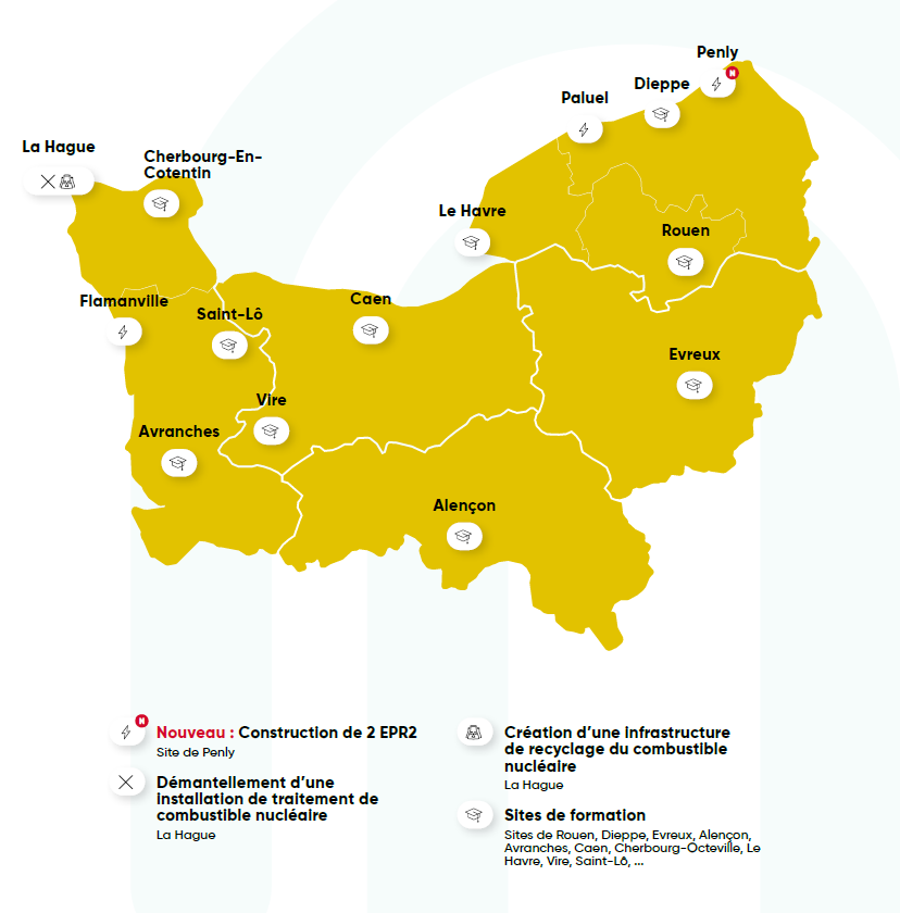 Carte de la Normandie qui reprend les sites de production et les écoles dans le domaine du nucléaire