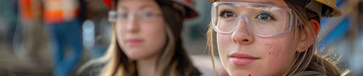 Deux jeunes femmes portent un casque sur un chantier